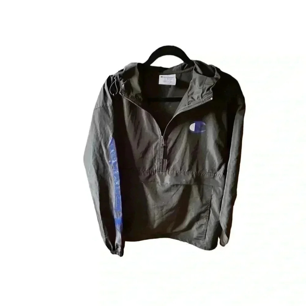 Champion size medium black windbreaker hoodie jacket. Logo‎ sleeve. 3/4 zip